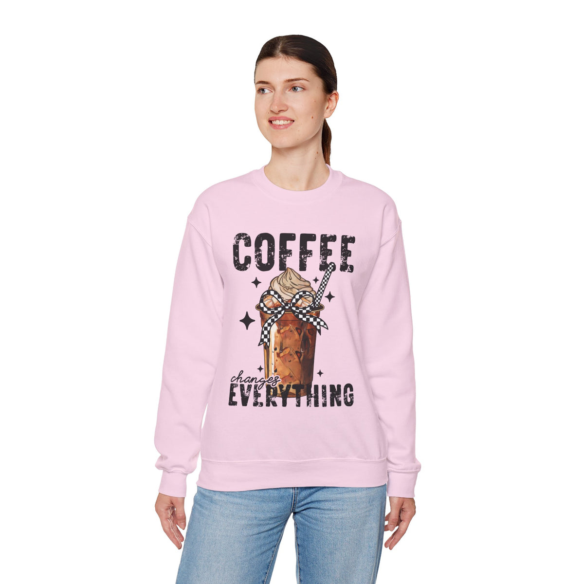 Coffee Changes Everything, Iced Coffee, Coffee Lovers – Gildan Heavy Blend | Trendy Women’s Soft Sweatshirt. Direct to Garment. Printed & Shipped in the USA. Unisex Sizes.