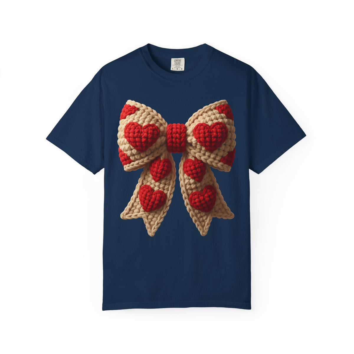Faux Crochet Valentine Bow - Comfort Colors | Trendy Women's T-Shirt. Direct to Garment. Printed & Shipped in the USA. Unisex Sizes.
