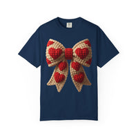 Faux Crochet Valentine Bow - Comfort Colors | Trendy Women's T-Shirt. Direct to Garment. Printed & Shipped in the USA. Unisex Sizes.