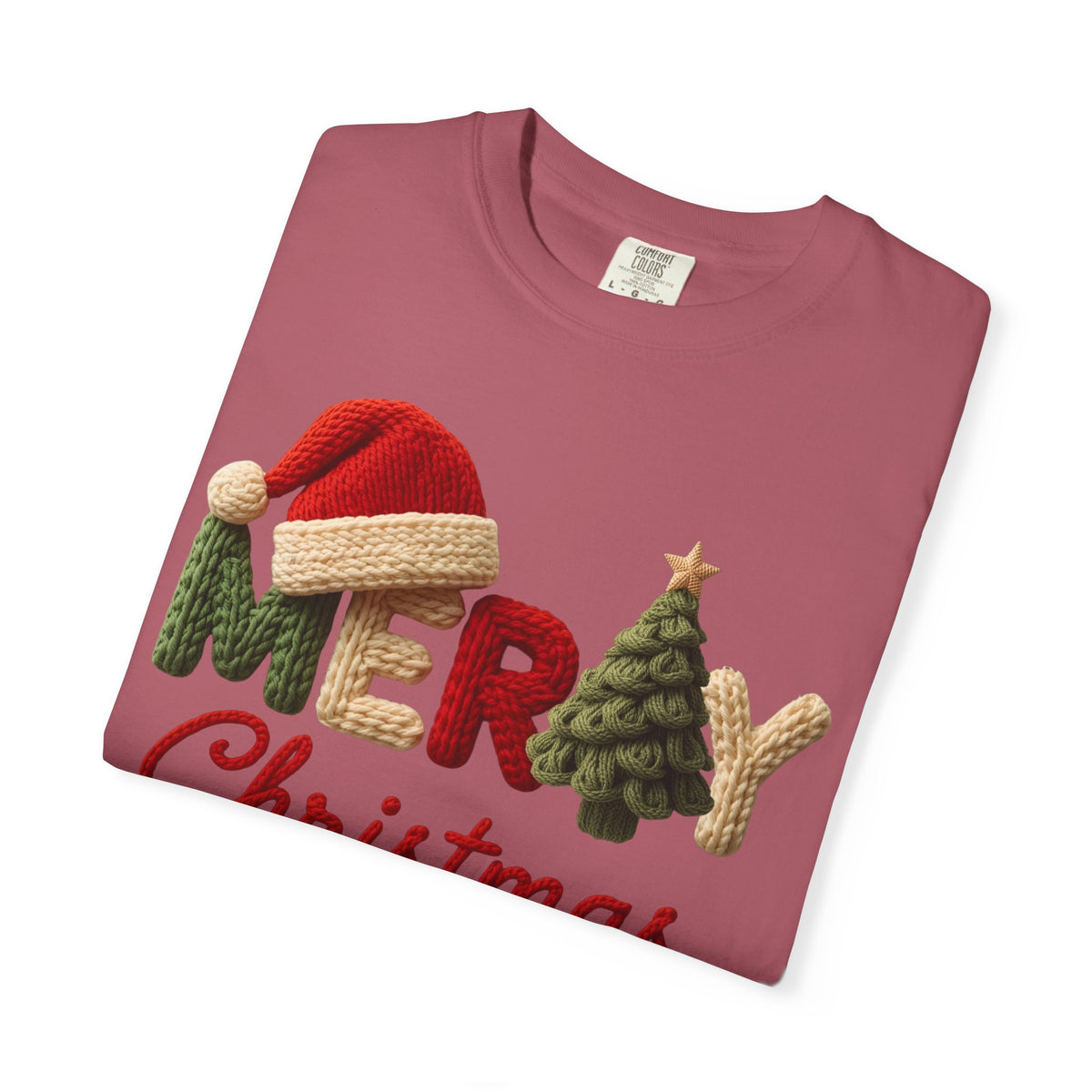 Merry Christmas Faux Yarn w/Santa Hat & Tree - Comfort Colors | Trendy Women's T-Shirt. Direct to Garment. Printed & Shipped in the USA. Unisex Sizes.