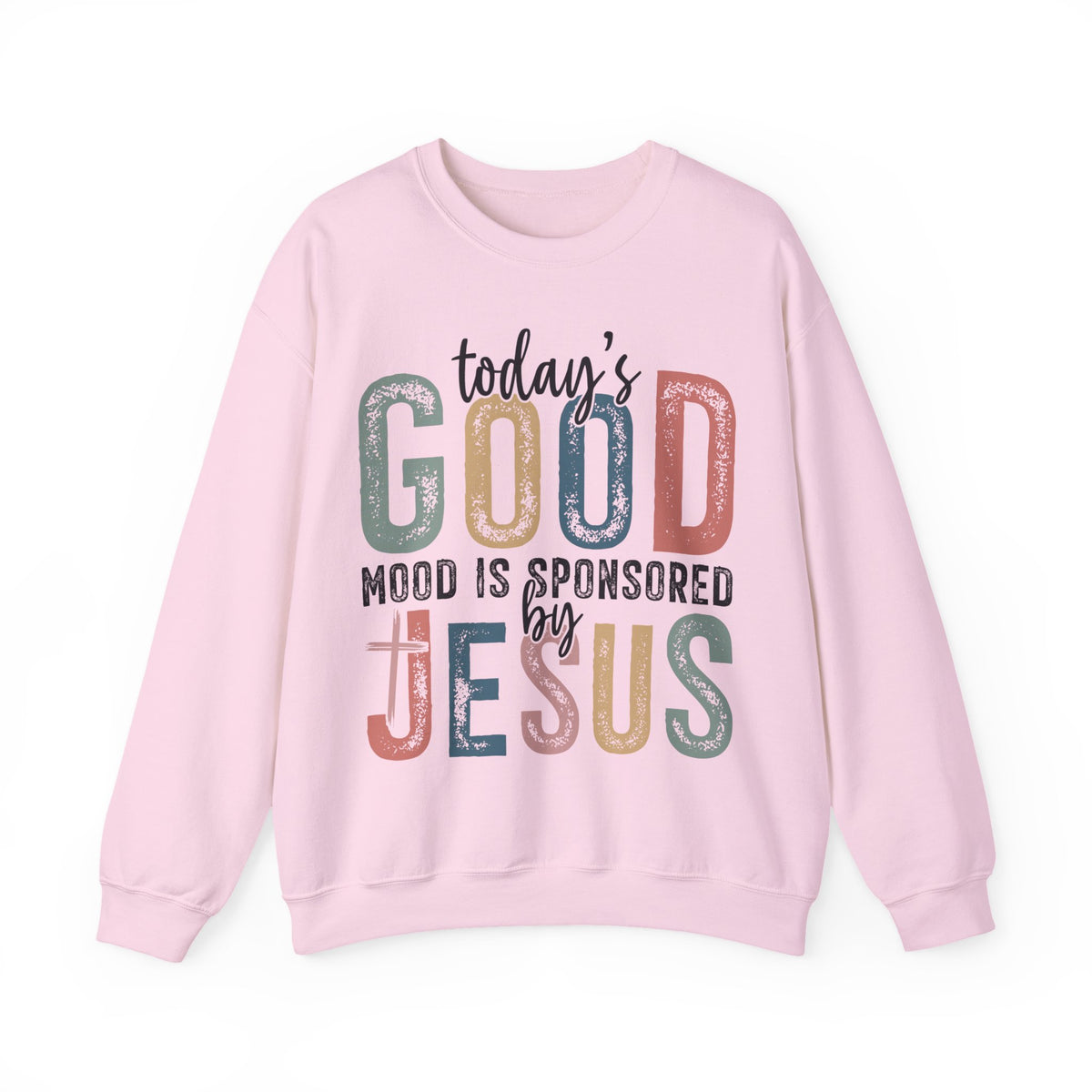 Today's Good Mood Sponsored By Jesus, Christian, Faith – Gildan Heavy Blend | Trendy Women’s Soft Sweatshirt. Direct to Garment. Printed & Shipped in the USA. Unisex Sizes.