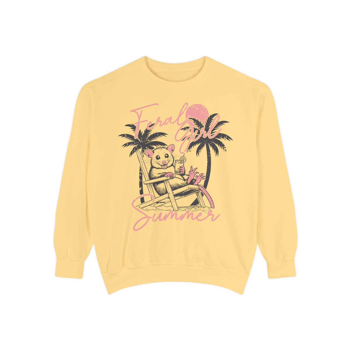 Feral Girl Summer, Possum on a Beach - Comfort Colors | Trendy Women's Sweatshirt. Direct to Garment. Printed & Shipped in the USA. Unisex Sizes.