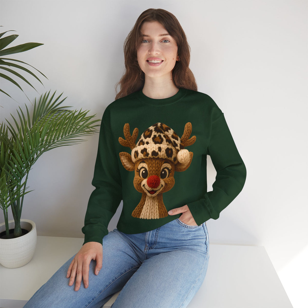 Rudolph Reindeer Leopard Santa Hat Christmas – Gildan Heavy Blend | Trendy Women’s Soft Sweatshirt. Direct to Garment. Printed & Shipped in the USA. Unisex Sizes.