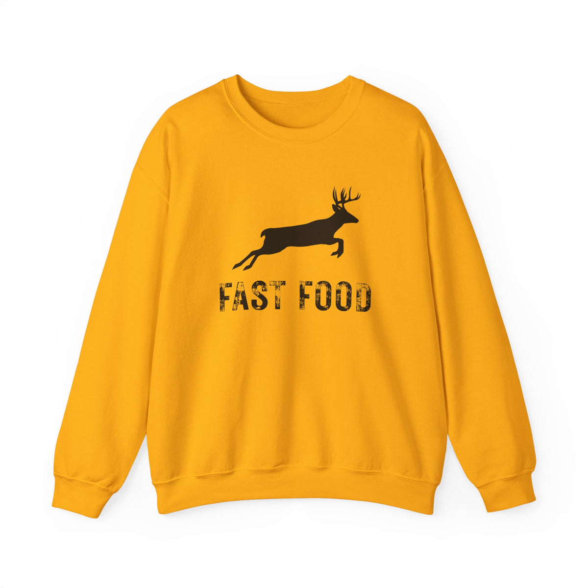 Fast Food Deer Hunting Humor Distressed – Gildan Heavy Blend | Trendy Men's and Women’s Soft Sweatshirt. Direct to Garment. Printed & Shipped in the USA. Unisex Sizes.