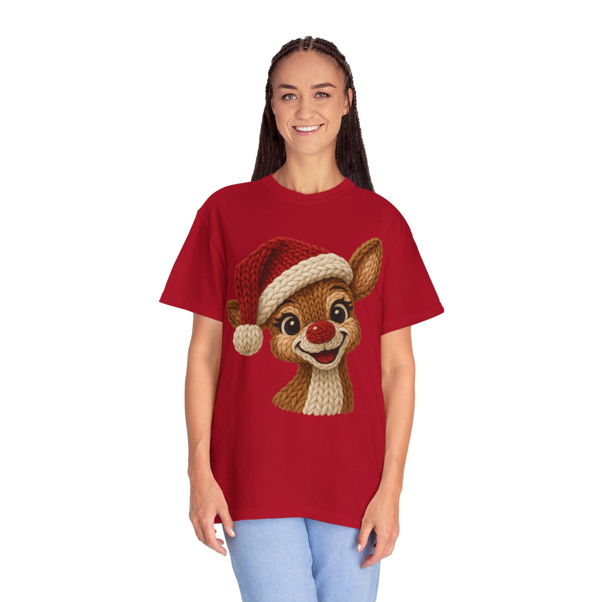 Cute Rudolph Faux Knit Look Reindeer w/Santa Hat - Comfort Colors | Trendy Women's T-Shirt. Direct to Garment. Printed & Shipped in the USA. Unisex Sizes.