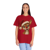 Cute Rudolph Faux Knit Look Reindeer w/Santa Hat - Comfort Colors | Trendy Women's T-Shirt. Direct to Garment. Printed & Shipped in the USA. Unisex Sizes.