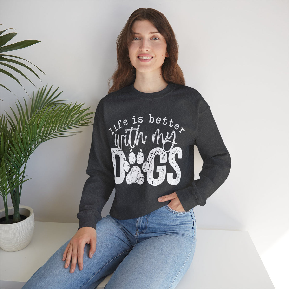 Life Is Better With My Dogs, Distressed – Gildan Heavy Blend | Trendy Women’s and Men's Soft Sweatshirt. Direct to Garment. Printed & Shipped in the USA. Unisex Sizes.