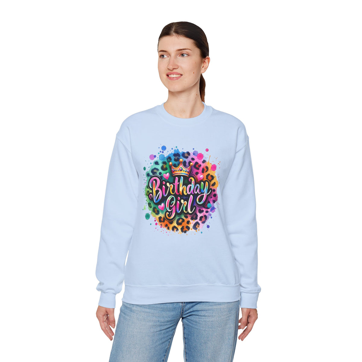 Birthday Girl, Neon Leopard – Gildan Heavy Blend | Trendy Women’s Soft Sweatshirt. Direct to Garment. Printed & Shipped in the USA. Unisex Sizes.