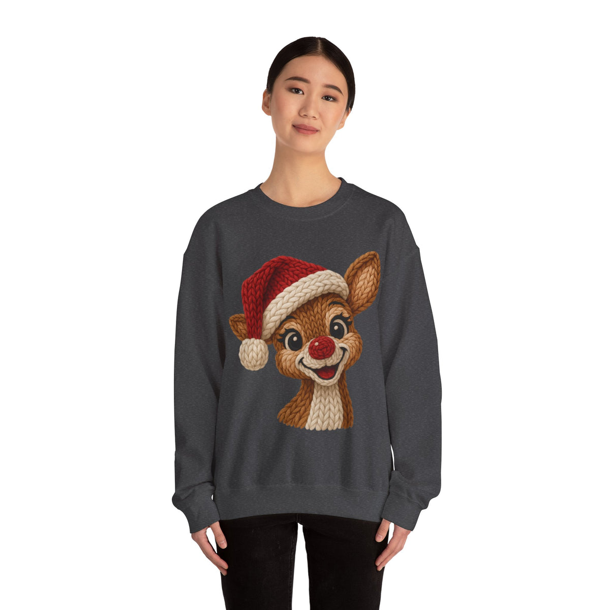 Cute Rudolph Faux Knit Look Reindeer w/Santa Hat – Gildan Heavy Blend | Trendy Women’s Soft Sweatshirt. Direct to Garment. Printed & Shipped in the USA. Unisex Sizes.