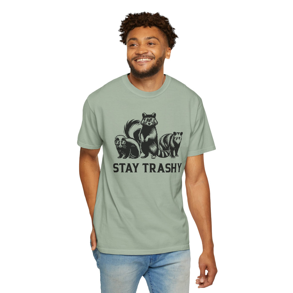 Stay Trashy, Skunk Raccoon Possum - Comfort Colors | Trendy Women's and Men's T-Shirt. Direct to Garment. Printed & Shipped in the USA. Unisex Sizes.