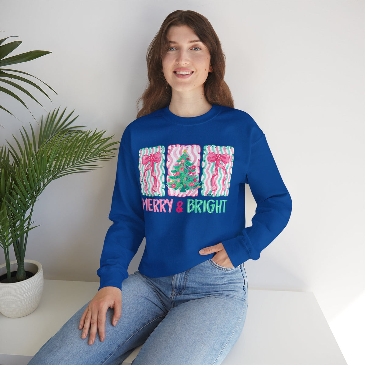 Merry & Bright Christmas - Pink & Green Holiday Tree Design – Gildan Heavy Blend | Trendy Women’s Soft Sweatshirt. Direct to Garment. Printed & Shipped in the USA. Unisex Sizes.