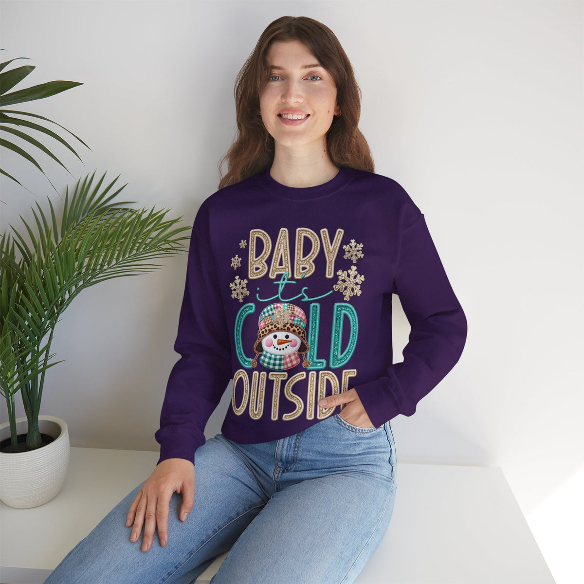 Baby It's Cold Outside Snowman – Gildan Heavy Blend | Trendy Women’s Soft Sweatshirt. Direct to Garment. Printed & Shipped in the USA. Unisex Sizes.