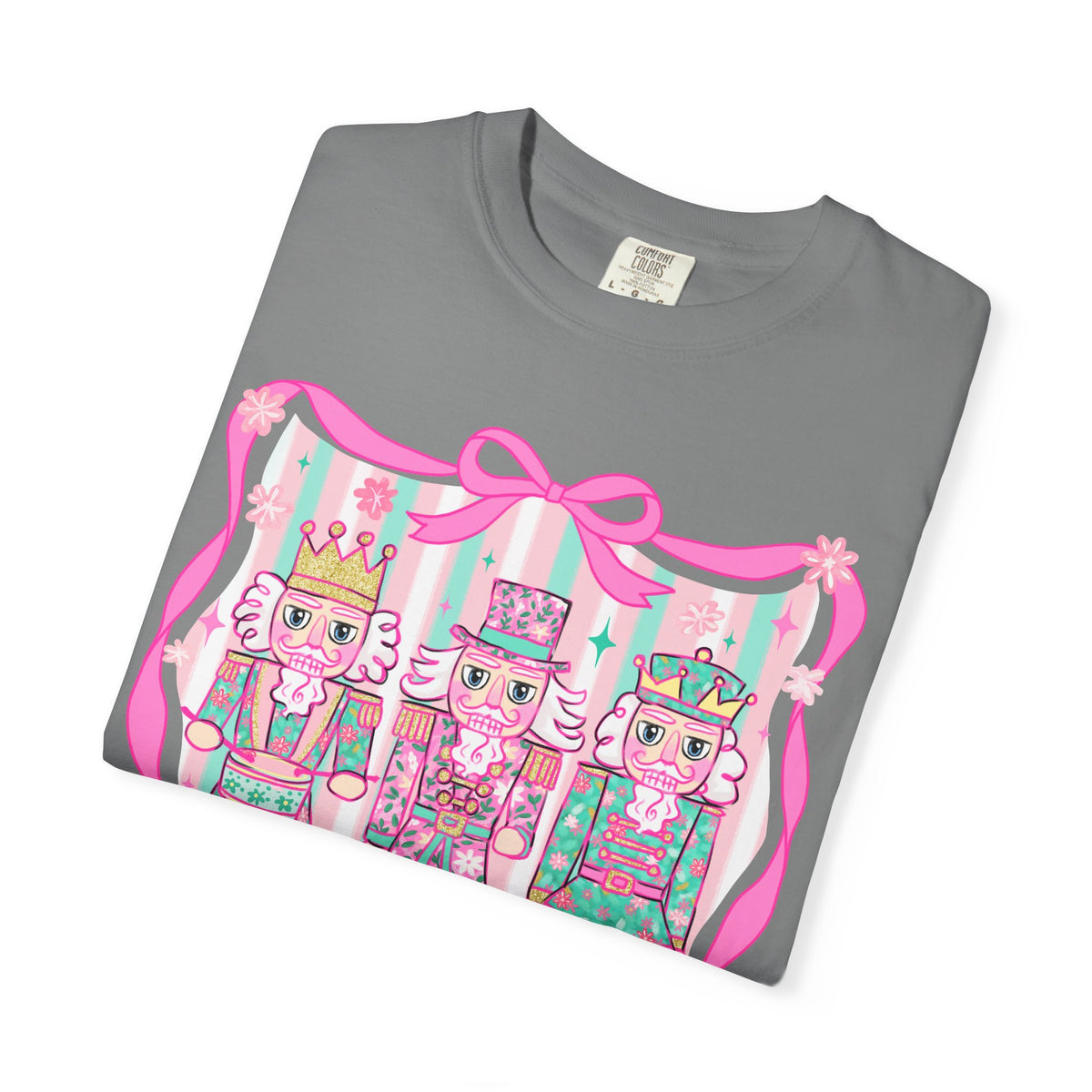 Coquette Pastel Christmas Nutcracker Trio Pink and Green - Comfort Colors | Trendy Women's T-Shirt. Direct to Garment. Printed & Shipped in the USA. Unisex Sizes.