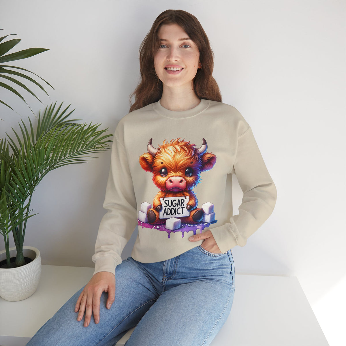Sugar Addict Highland Cow – Gildan Heavy Blend | Trendy Women’s Soft Sweatshirt. Direct to Garment. Printed & Shipped in the USA. Unisex Sizes.