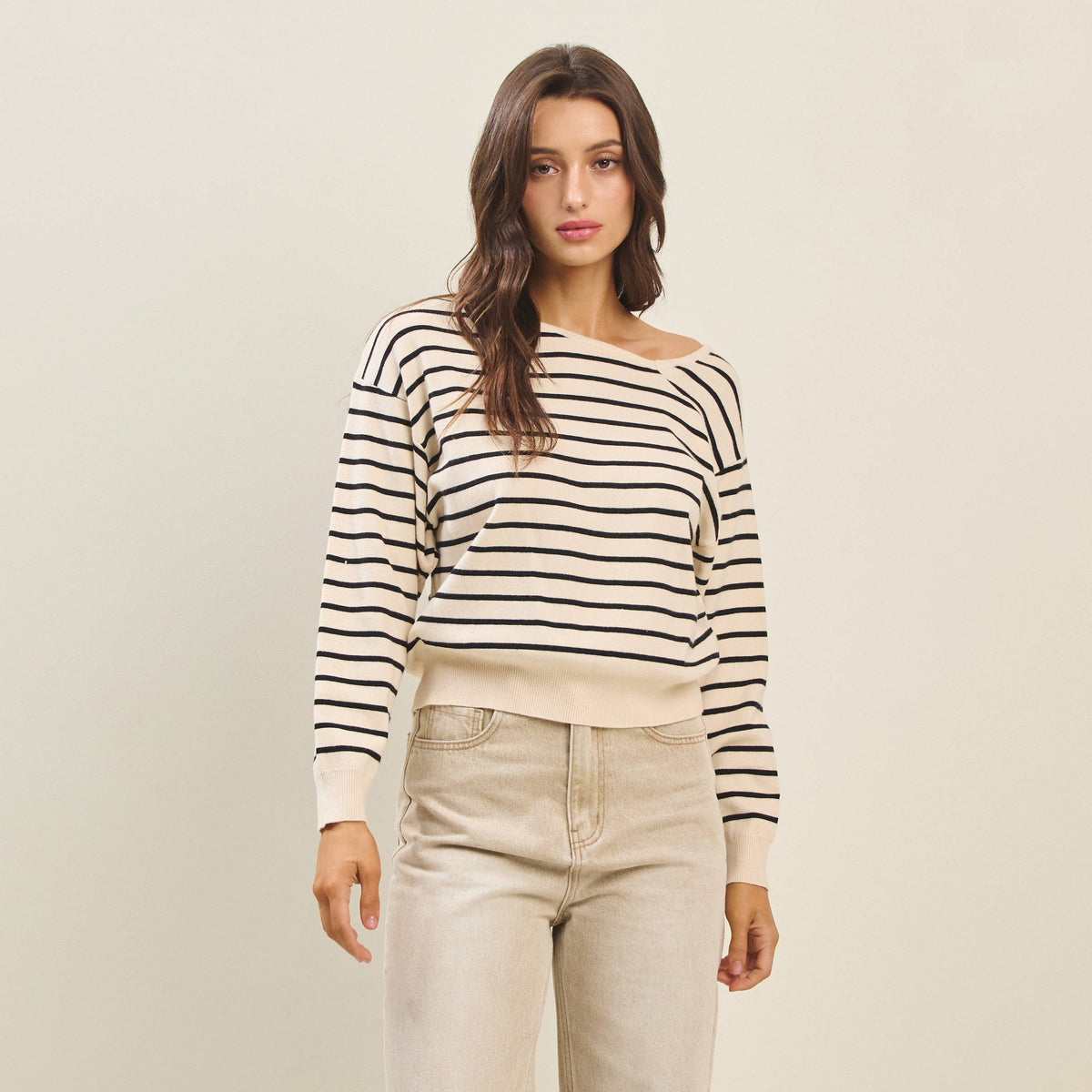 Asymmetric Boat Neck Cream & Black Sweater