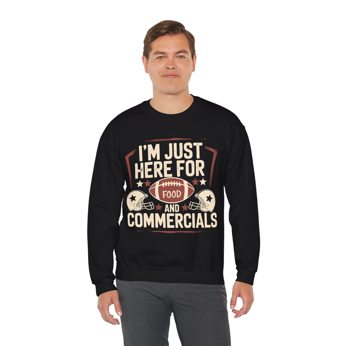 I'm Just Here for Food and Commercials – Gildan Heavy Blend | Trendy Women’s and Men's Soft Sweatshirt. Direct to Garment. Printed & Shipped in the USA. Unisex Sizes.