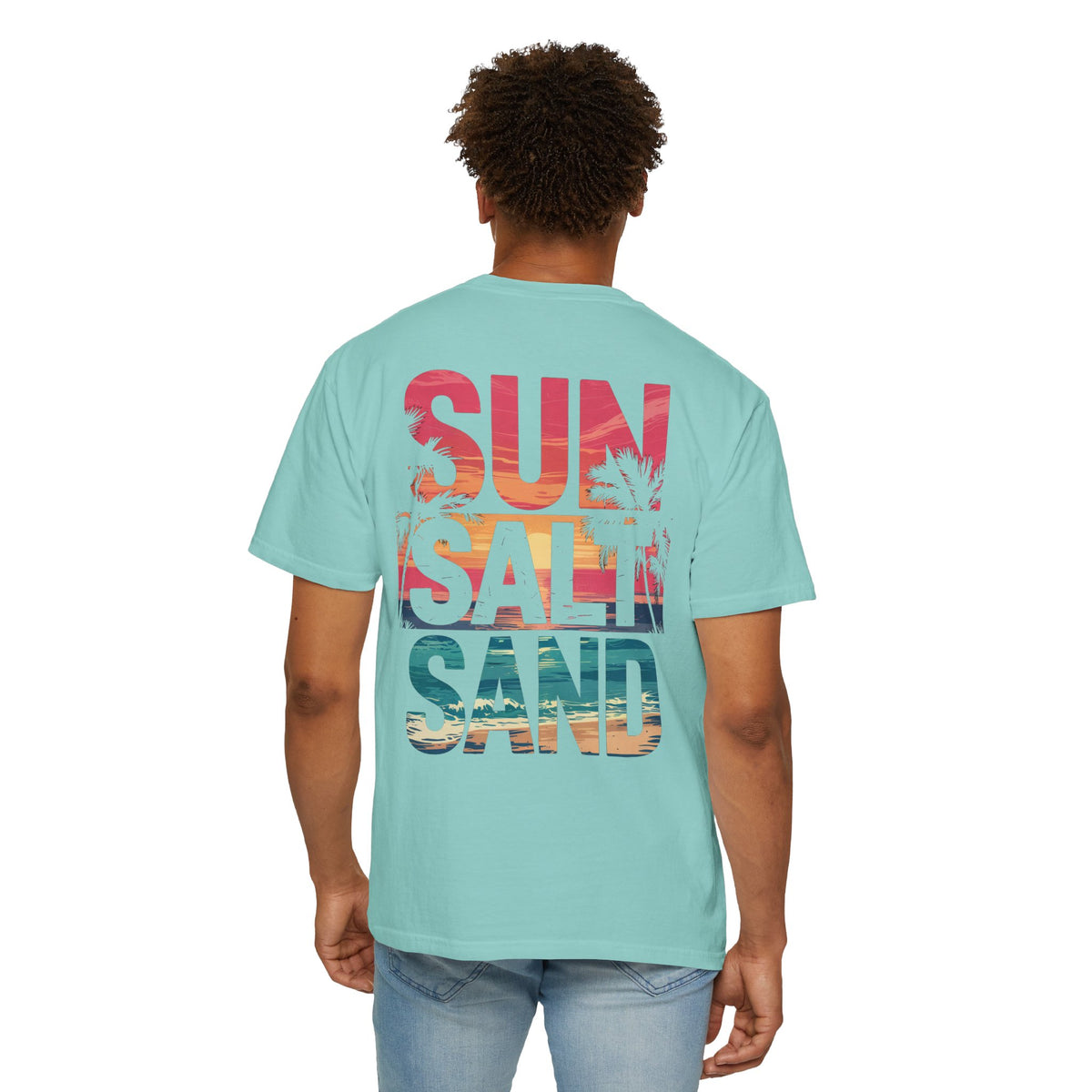 Sun Salt Sand, Beach Sunset - Front & Back Print - Comfort Colors | Trendy Women's and Men's T-Shirt. Direct to Garment. Printed & Shipped in the USA. Unisex Sizes.