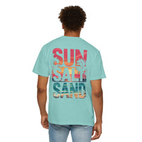 Sun Salt Sand, Beach Sunset - Front & Back Print - Comfort Colors | Trendy Women's and Men's T-Shirt. Direct to Garment. Printed & Shipped in the USA. Unisex Sizes.