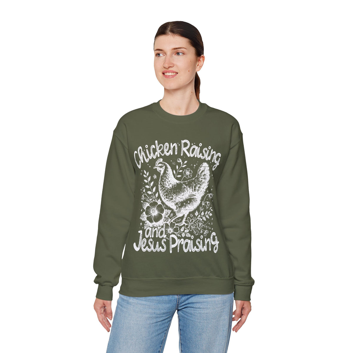 Chicken Raising and Jesus Praising – Gildan Heavy Blend | Trendy Men's and Women’s Soft Sweatshirt. Direct to Garment. Printed & Shipped in the USA. Unisex Sizes.