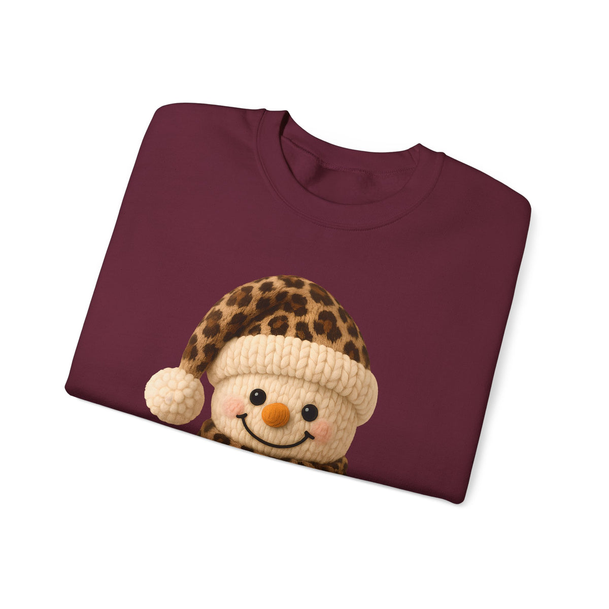 Cute Leopard Faux Knit Snowman Winter – Gildan Heavy Blend | Trendy Women’s Soft Sweatshirt. Direct to Garment. Printed & Shipped in the USA. Unisex Sizes.