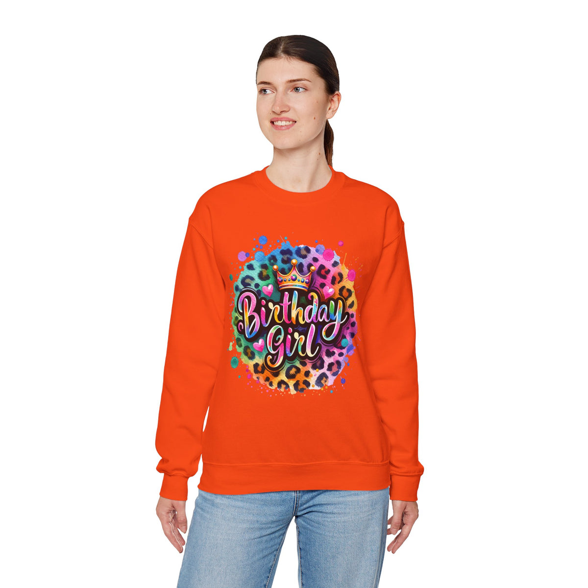 Birthday Girl, Neon Leopard – Gildan Heavy Blend | Trendy Women’s Soft Sweatshirt. Direct to Garment. Printed & Shipped in the USA. Unisex Sizes.