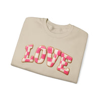 Faux Crochet Checkered LOVE – Gildan Heavy Blend | Trendy Women’s Soft Sweatshirt. Direct to Garment. Printed & Shipped in the USA. Unisex Sizes.