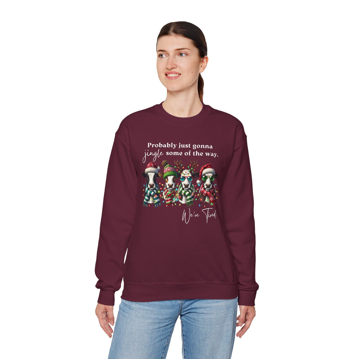 Christmas Cows - Probably Just Gonna Jingle Some Of The Way – Gildan Heavy Blend | Trendy Women’s and Men's Soft Sweatshirt. Direct to Garment. Printed & Shipped in the USA. Unisex Sizes.