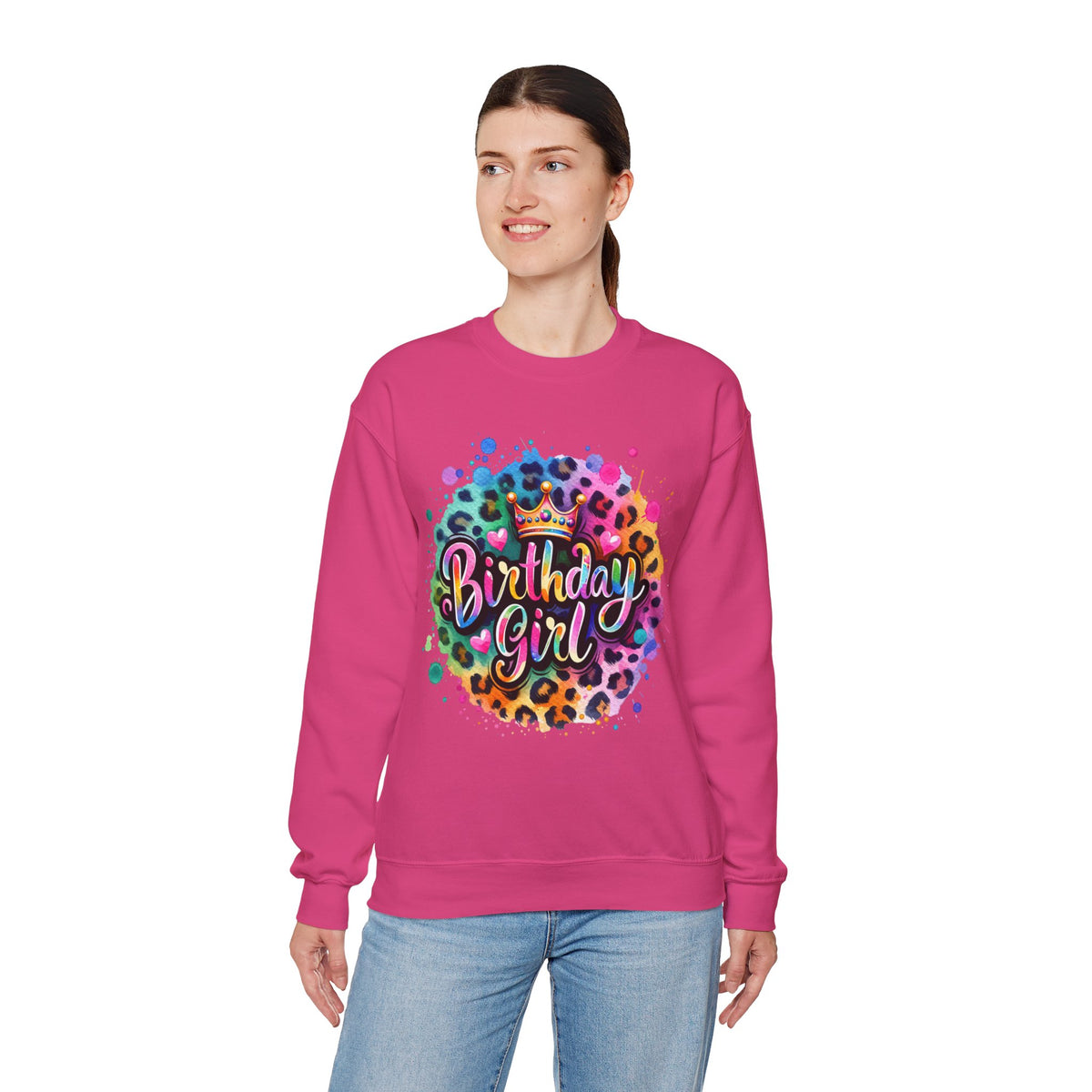 Birthday Girl, Neon Leopard – Gildan Heavy Blend | Trendy Women’s Soft Sweatshirt. Direct to Garment. Printed & Shipped in the USA. Unisex Sizes.