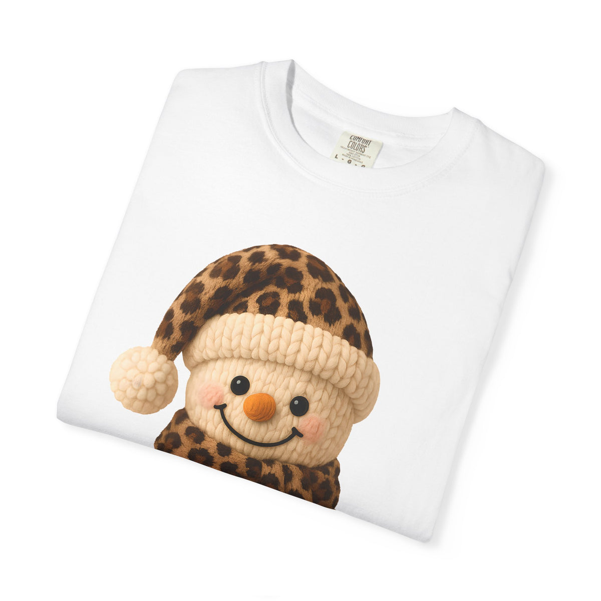 Cute Leopard Faux Knit Snowman Winter - Comfort Colors | Trendy Women's T-Shirt. Direct to Garment. Printed & Shipped in the USA. Unisex Sizes.