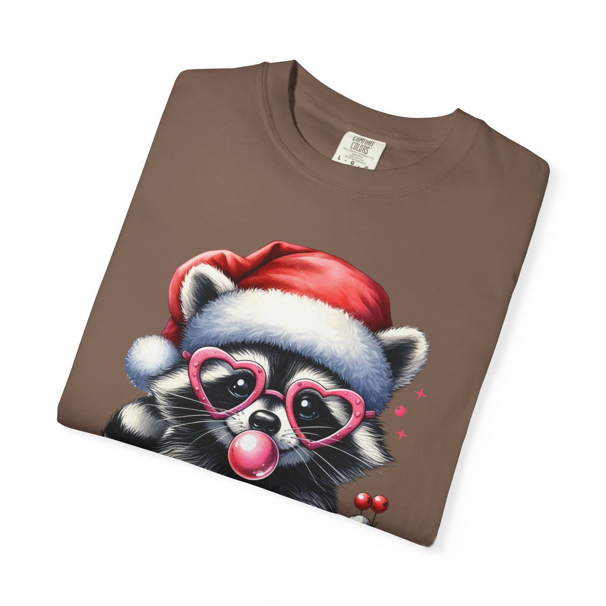 Merry Trashmas Bubblegum Raccoon w/Santa Hat Christmas - Comfort Colors | Trendy Women's T-Shirt. Direct to Garment. Printed & Shipped in the USA. Unisex Sizes.