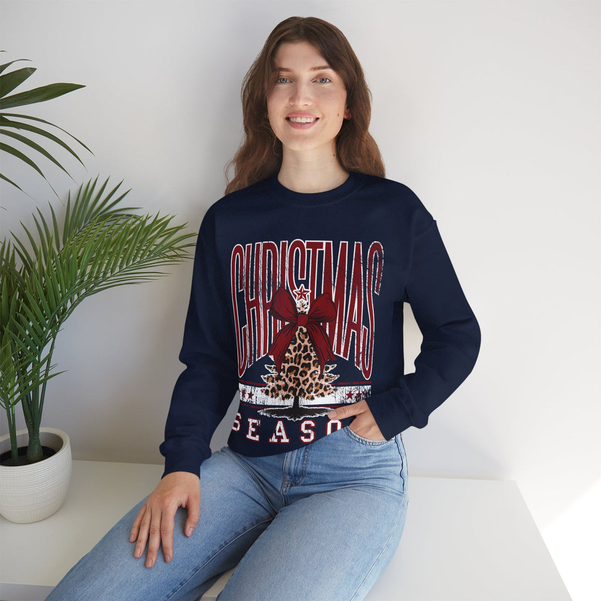 Christmas Season Leopard Tree Distressed – Gildan Heavy Blend | Trendy Women’s Soft Sweatshirt. Direct to Garment. Printed & Shipped in the USA. Unisex Sizes.