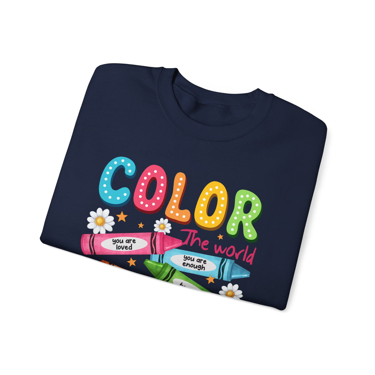 Color the World With Kindness Crayons, Great Teacher Gift – Gildan Heavy Blend | Trendy Women’s and Men's Soft Sweatshirt. Direct to Garment. Printed & Shipped in the USA. Unisex Sizes.