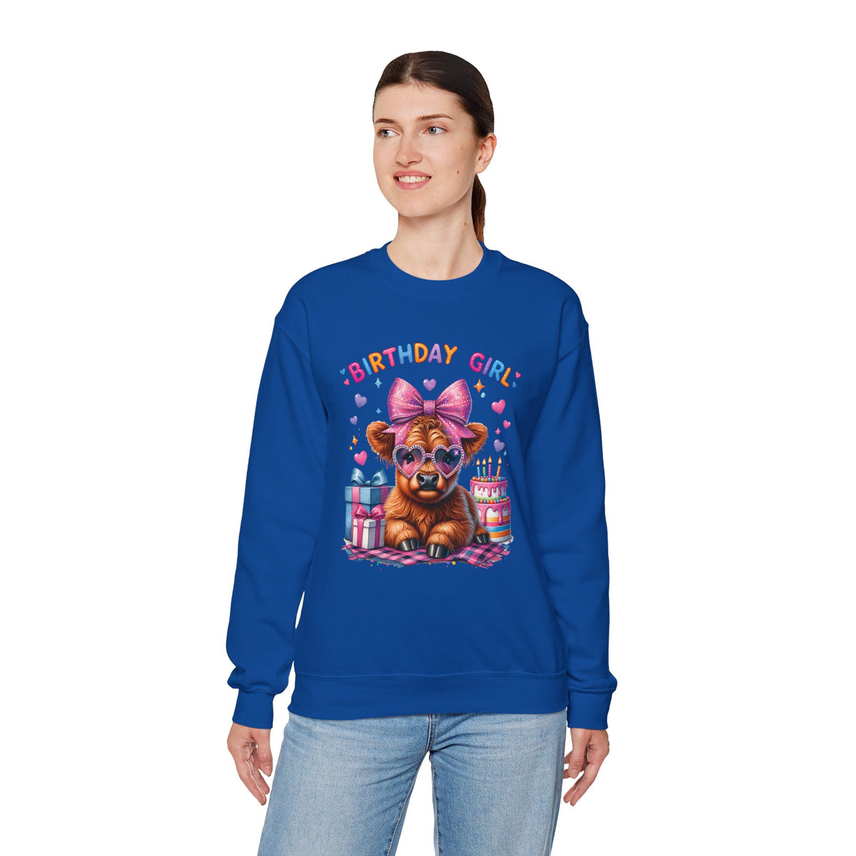Birthday Girl, Highland Cow – Gildan Heavy Blend | Trendy Women’s Soft Sweatshirt. Direct to Garment. Printed & Shipped in the USA. Unisex Sizes.
