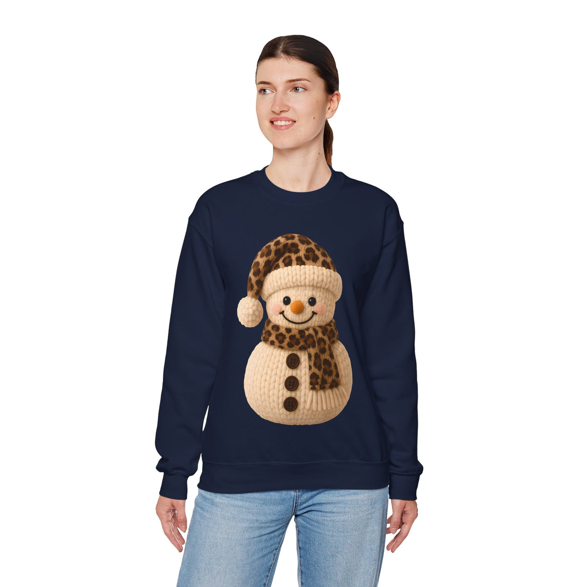 Cute Leopard Faux Knit Snowman Winter – Gildan Heavy Blend | Trendy Women’s Soft Sweatshirt. Direct to Garment. Printed & Shipped in the USA. Unisex Sizes.