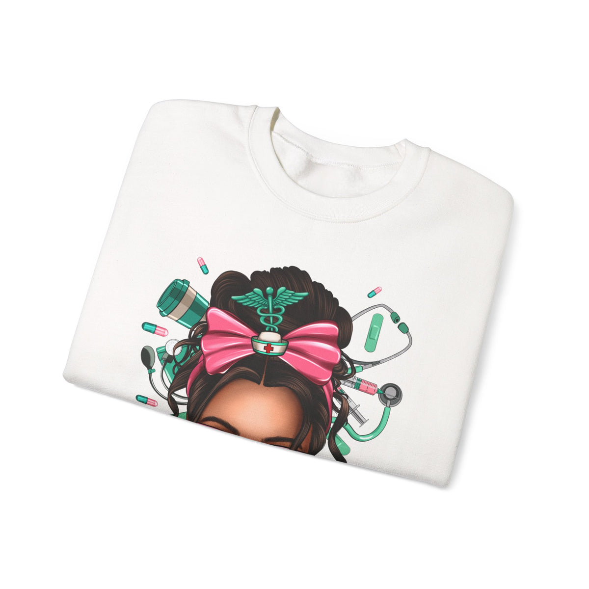 Nurse Life Messy Bun, Cute Stethoscope & Syringe – Gildan Heavy Blend | Trendy Women’s Soft Sweatshirt. Direct to Garment. Printed & Shipped in the USA. Unisex Sizes.