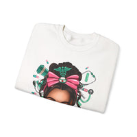 Nurse Life Messy Bun, Cute Stethoscope & Syringe – Gildan Heavy Blend | Trendy Women’s Soft Sweatshirt. Direct to Garment. Printed & Shipped in the USA. Unisex Sizes.