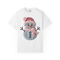 Cute Yarn Snowman - Pink Scarf - Comfort Colors | Trendy Women's T-Shirt. Direct to Garment. Printed & Shipped in the USA. Unisex Sizes.