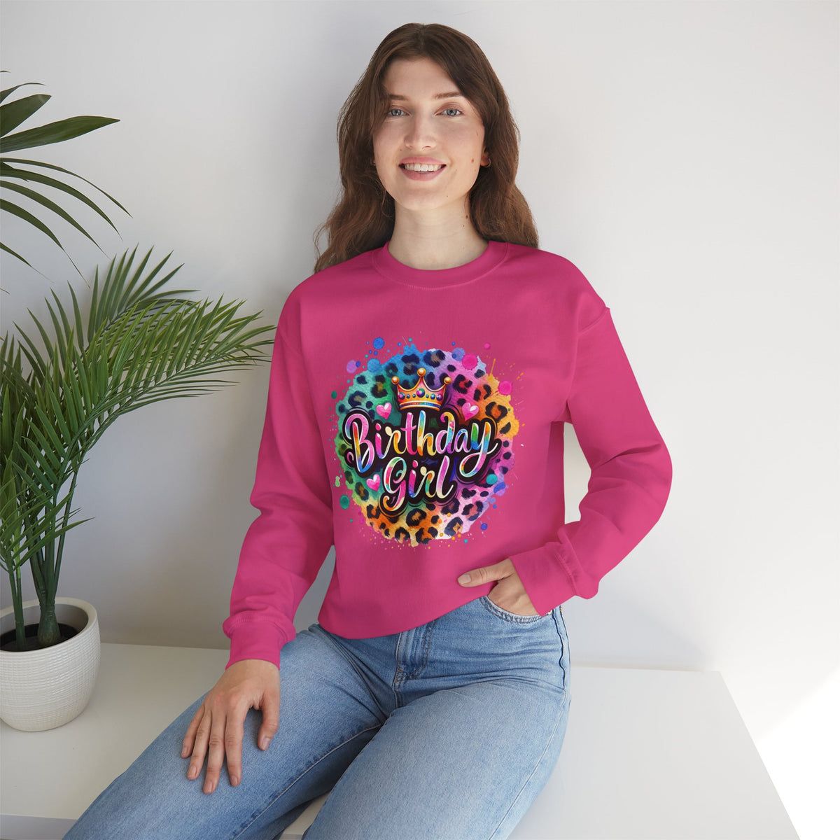 Birthday Girl, Neon Leopard – Gildan Heavy Blend | Trendy Women’s Soft Sweatshirt. Direct to Garment. Printed & Shipped in the USA. Unisex Sizes.