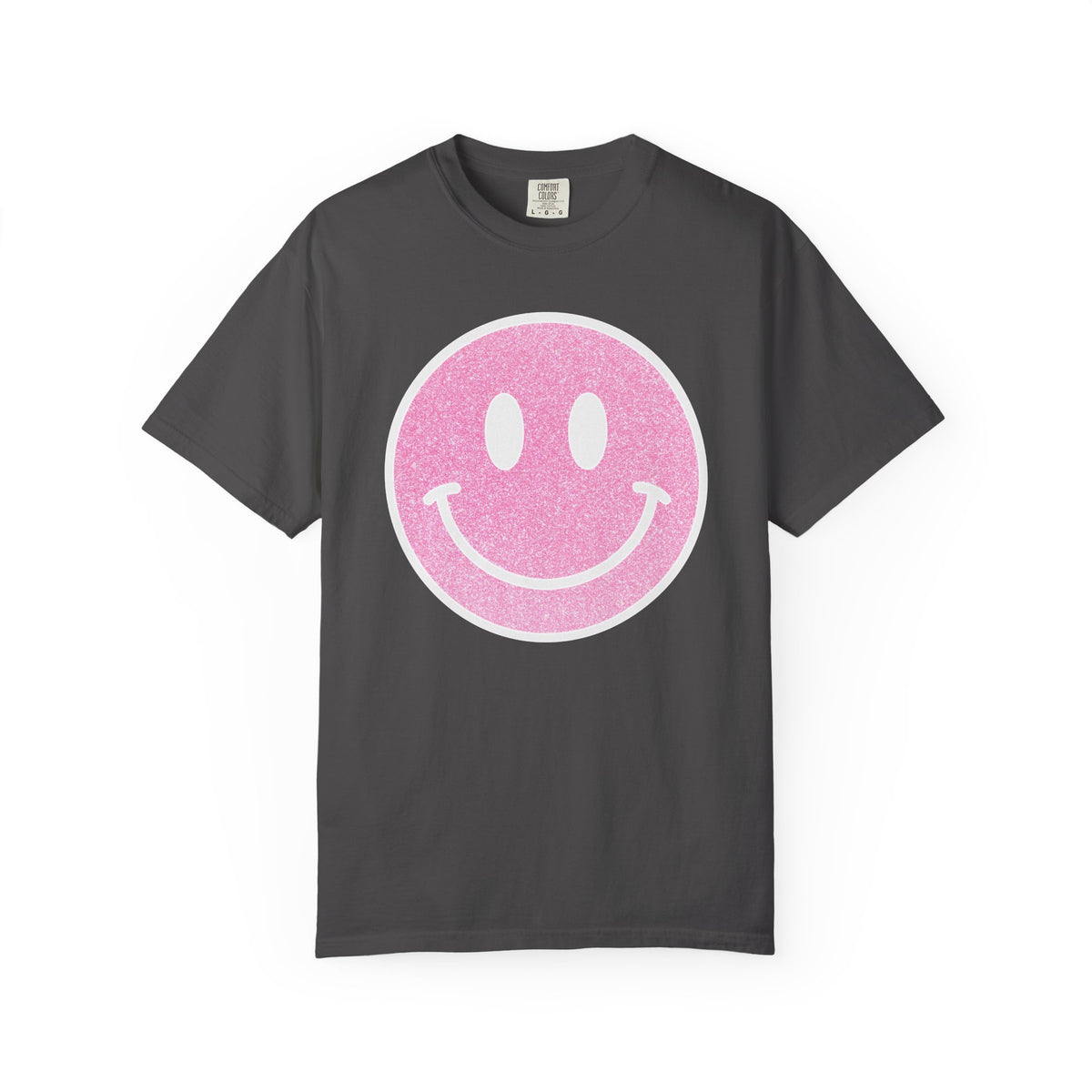 Faux Glitter Smiley - Comfort Colors | Trendy Women's T-Shirt. Direct to Garment. Printed & Shipped in the USA. Unisex Sizes.