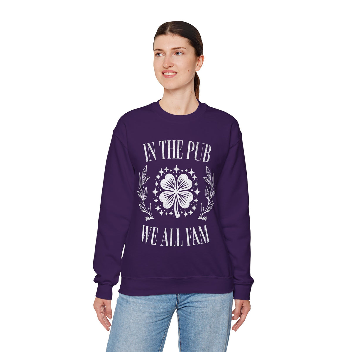 In the Pub We All Fam, Vintage – Gildan Heavy Blend | Trendy Women’s and Men's Soft Sweatshirt. Direct to Garment. Printed & Shipped in the USA. Unisex Sizes.