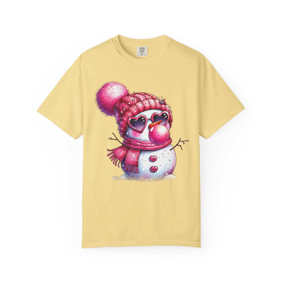 Pink Girly Snowman with Heart Sunglasses and Bubblegum Winter - Comfort Colors | Trendy Women's T-Shirt. Direct to Garment. Printed & Shipped in the USA. Unisex Sizes.