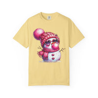Pink Girly Snowman with Heart Sunglasses and Bubblegum Winter - Comfort Colors | Trendy Women's T-Shirt. Direct to Garment. Printed & Shipped in the USA. Unisex Sizes.