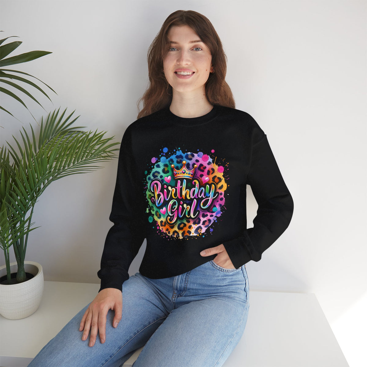 Birthday Girl, Neon Leopard – Gildan Heavy Blend | Trendy Women’s Soft Sweatshirt. Direct to Garment. Printed & Shipped in the USA. Unisex Sizes.