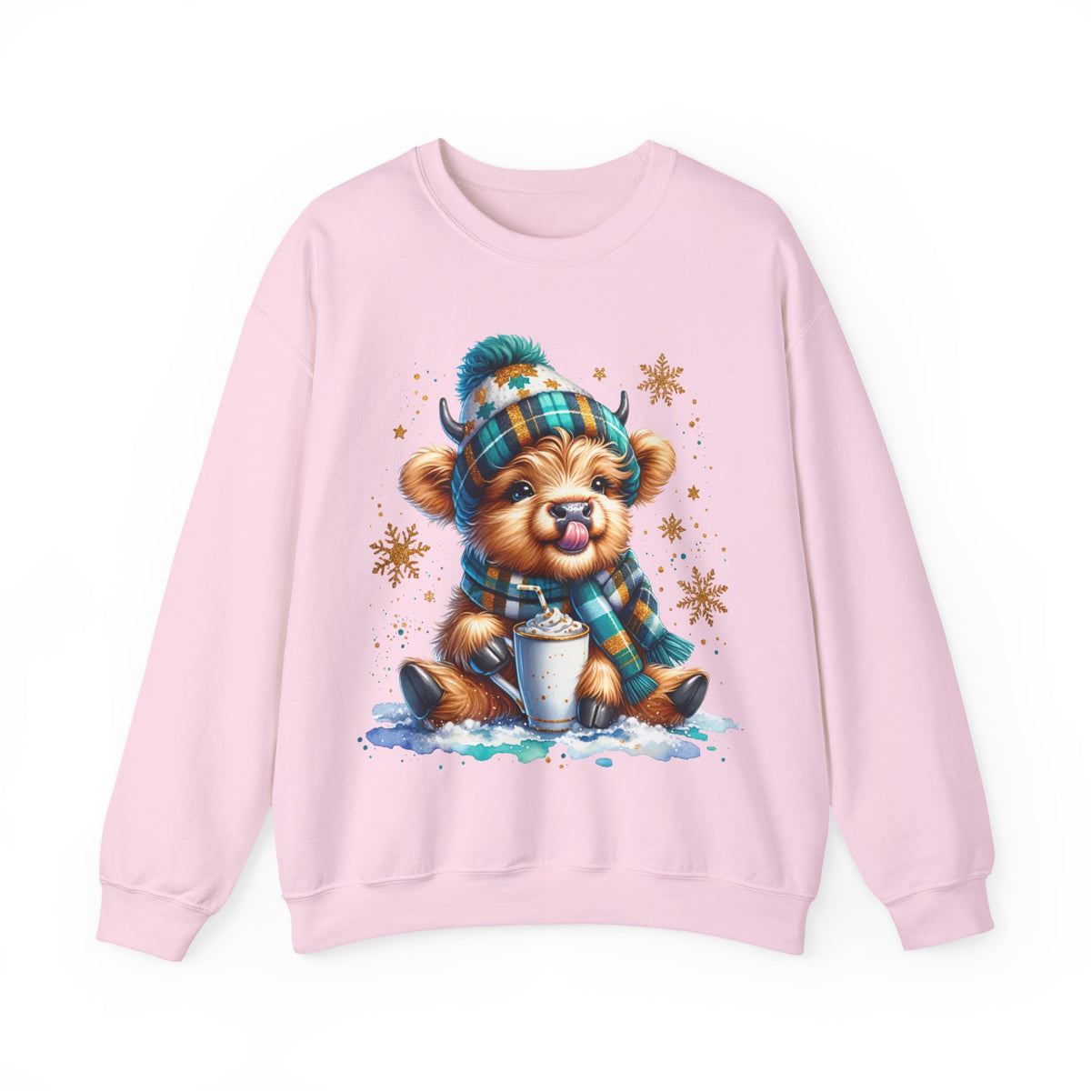 Winter Baby Highland Cow with Cocoa – Gildan Heavy Blend | Trendy Women’s Soft Sweatshirt. Direct to Garment. Printed & Shipped in the USA. Unisex Sizes.
