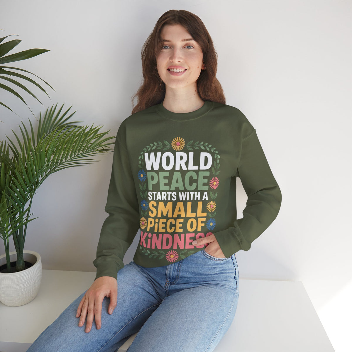 World Peace Starts With A Small Piece Of Kindness – Gildan Heavy Blend | Trendy Women’s Soft Sweatshirt. Direct to Garment. Printed & Shipped in the USA. Unisex Sizes.