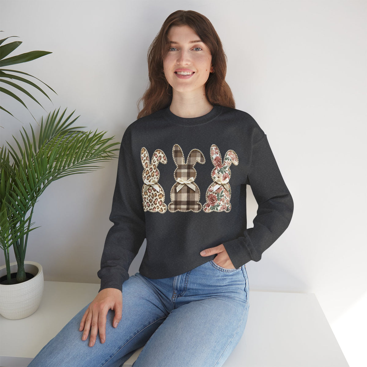 Easter Bunny Trio, Leopard, Plaid & Floral - Faux Pearl Outline – Gildan Heavy Blend | Trendy Women’s Soft Sweatshirt. Direct to Garment. Printed & Shipped in the USA. Unisex Sizes.