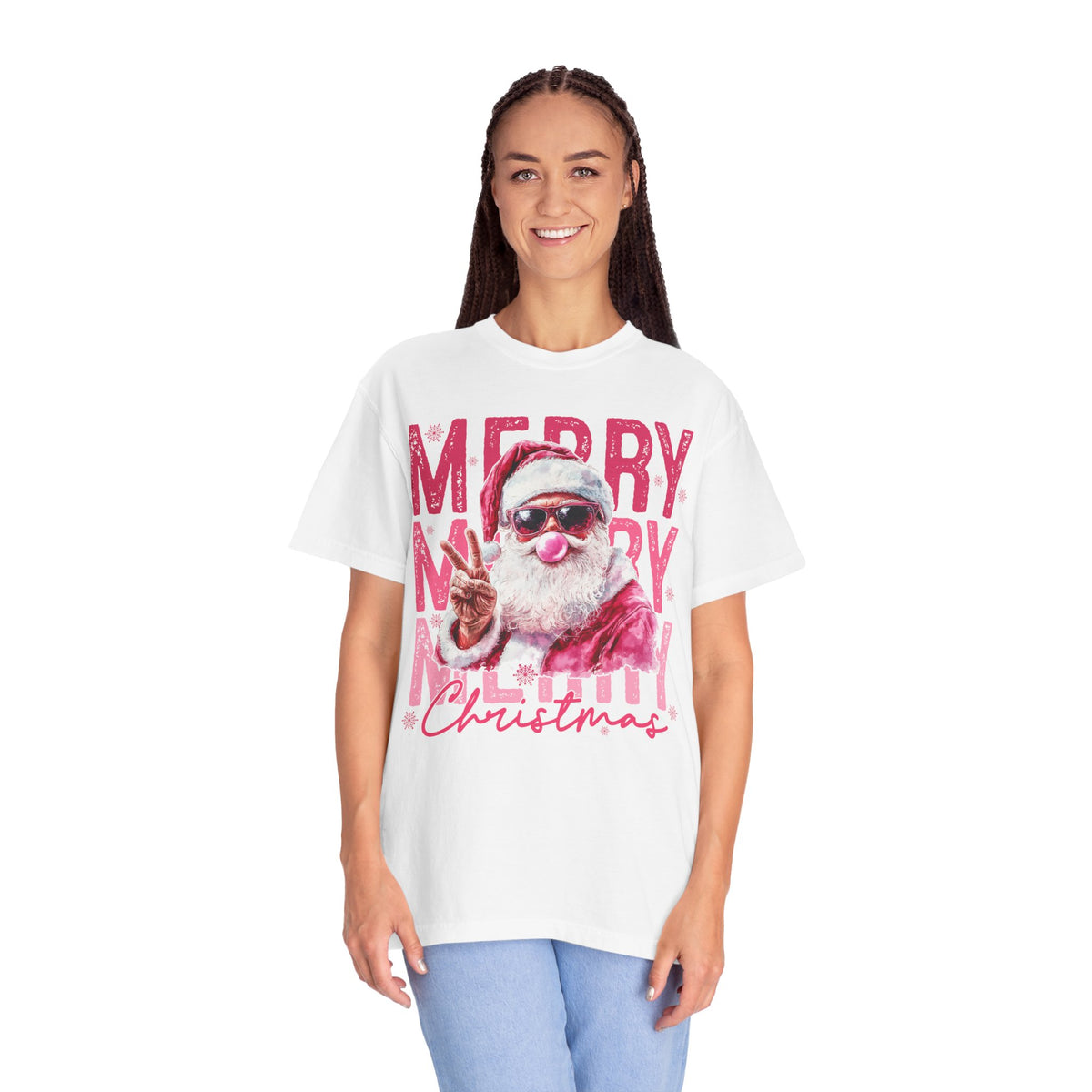 Pink Merry Christmas Bubblegum Santa - Comfort Colors | Trendy Women's T-Shirt. Direct to Garment. Printed & Shipped in the USA. Unisex Sizes.