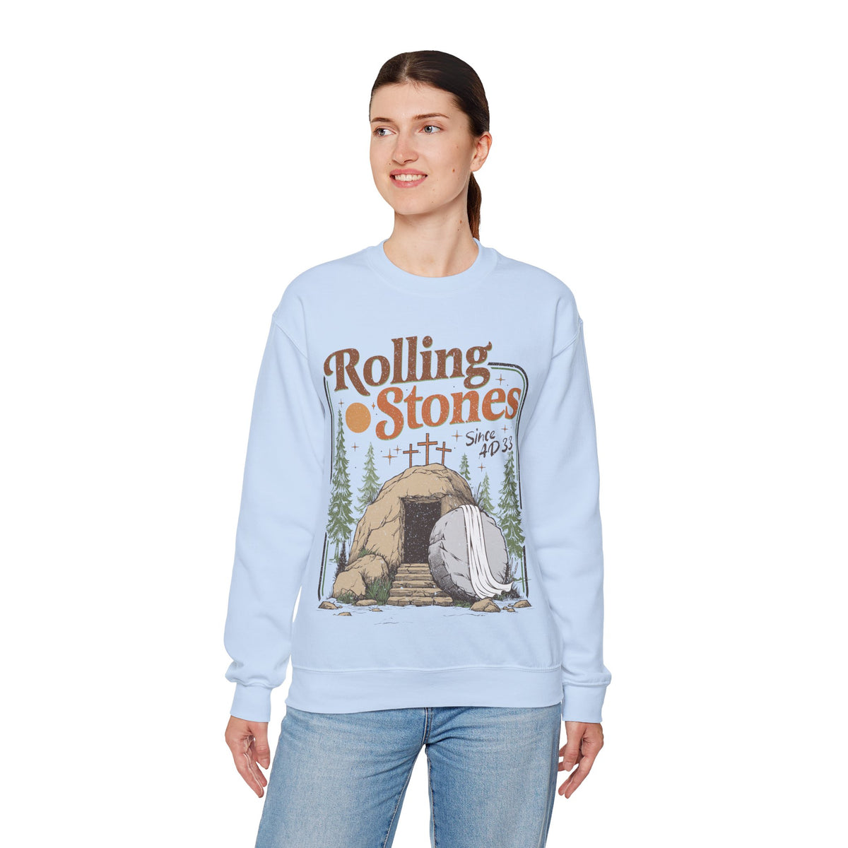 Rolling Stones "Since AD33" Easter Empty Tomb Christian – Gildan Heavy Blend | Trendy Men's and Women’s Soft Sweatshirt. Direct to Garment. Printed & Shipped in the USA. Unisex Sizes.
