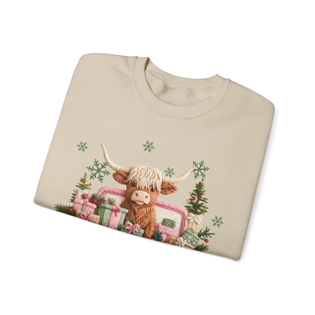 Highland Cow in Pink Truck Merry Christmas Holiday Farmhouse – Gildan Heavy Blend | Trendy Women’s Soft Sweatshirt. Direct to Garment. Printed & Shipped in the USA. Unisex Sizes.