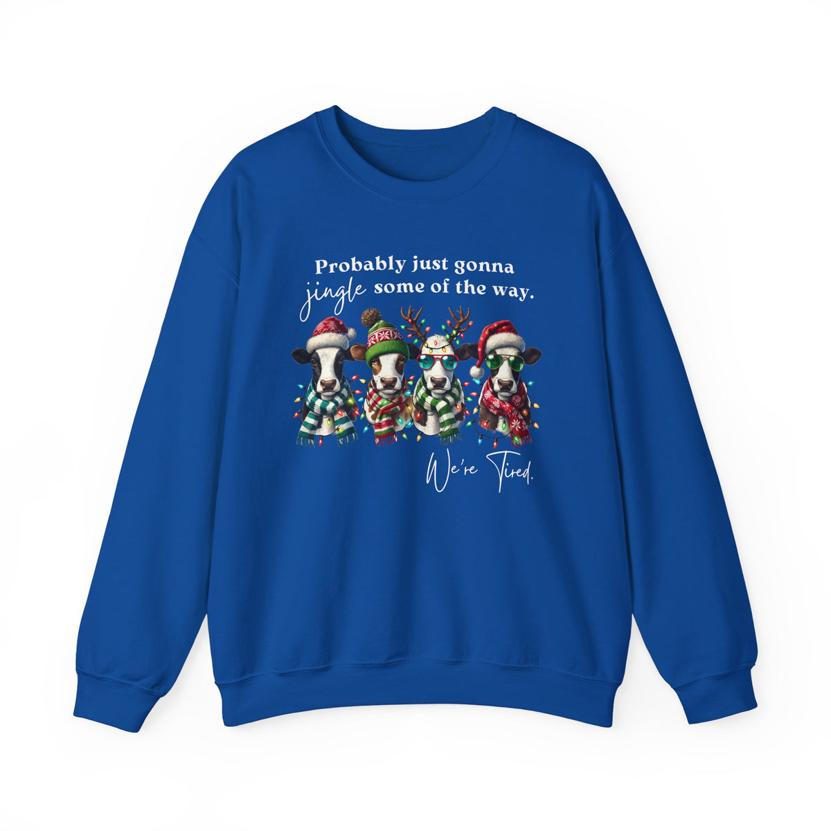Christmas Cows - Probably Just Gonna Jingle Some Of The Way – Gildan Heavy Blend | Trendy Women’s and Men's Soft Sweatshirt. Direct to Garment. Printed & Shipped in the USA. Unisex Sizes.